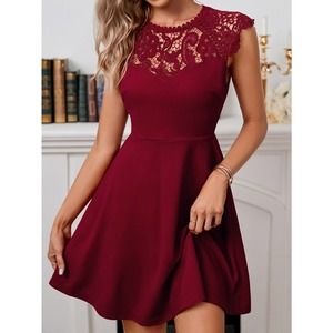 Lace Yoke Flare Hem short sleeve mini Dress burgundy red maroon size medium NWT
